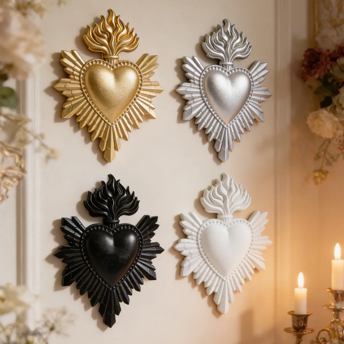Gothic Mini Sacred Heart Wall Hanging French Resin Heart Wall Decoration in Gold, Silver, Black, White, and Multi-Color Soft
