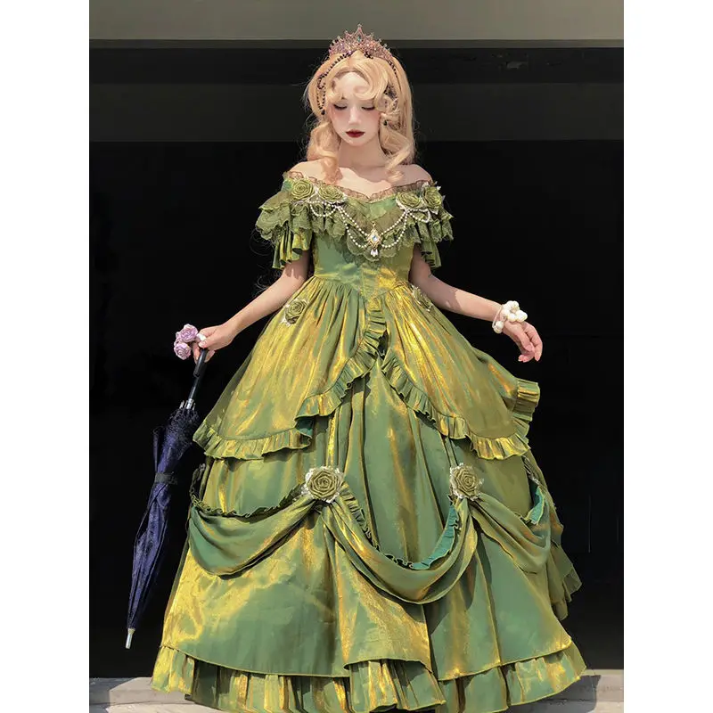 Oil painting, green, three-dimensional rose, lolita, runaway princess dress, flower wedding ceremony, heavy work, fluffy