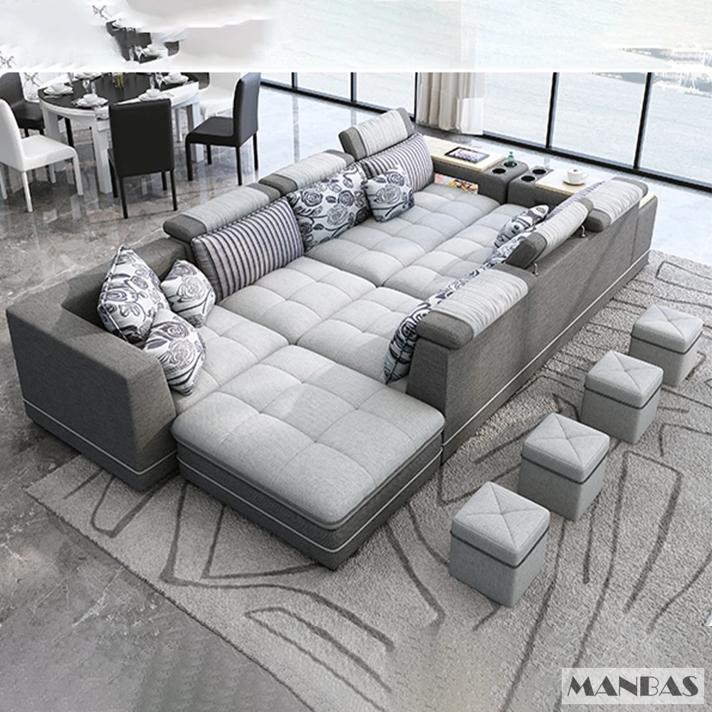 MANBAS Modern Fabric Sofa Set with Bluetooth Speaker Sound System - Living Room Sofas Big U Shape Corner Cloth Couch with Stools