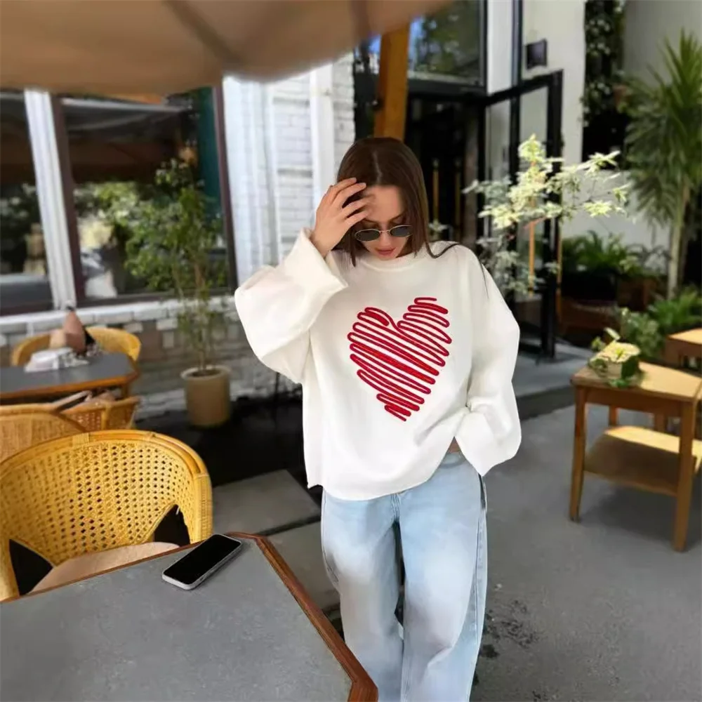 Casual Heart Embroidery Knitted Pullover for Women Autumn Winter White Loose O Neck Long Sleeve Cute Sweater Female Streetwear