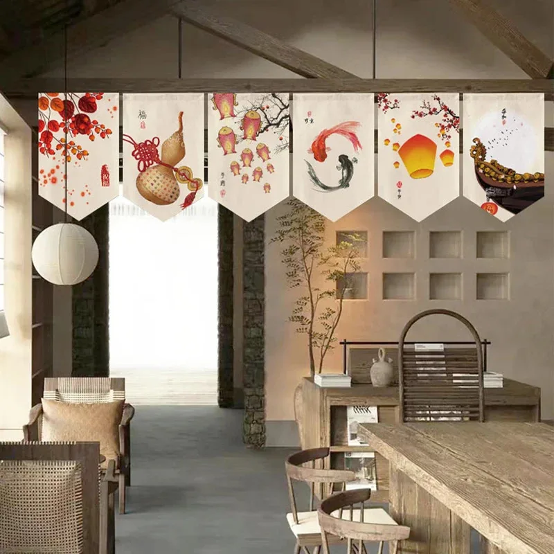 Chinese Flag Kitchen Partition Door Head Decoration Short Curtain Homestay Tea House Hanging Flag Window Half Curtain