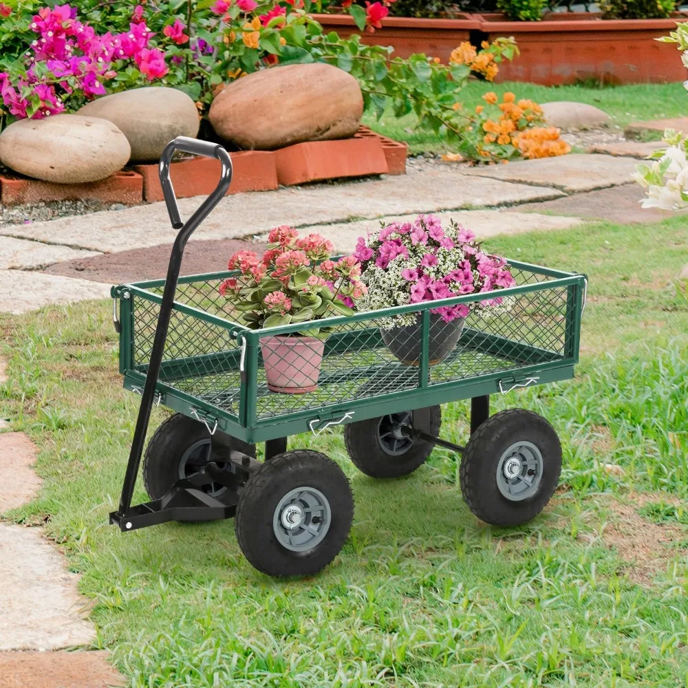 

garden cart streel heavy duty 500 lbs capacity，utility cart wagon with removable sides and 180°rotating handle for yard, lawn a