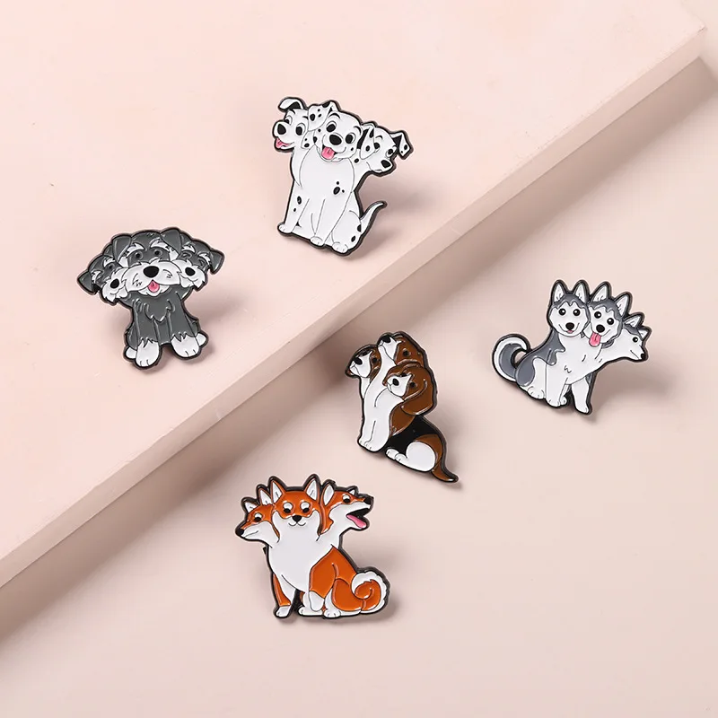 Cerberus Dogs Enamel Pins Fun Kawaii Akita Shiba Inu Brooches Bag Hat Lapel Pin Badge Men Women Jewelry Gift for Dog Lover Fans