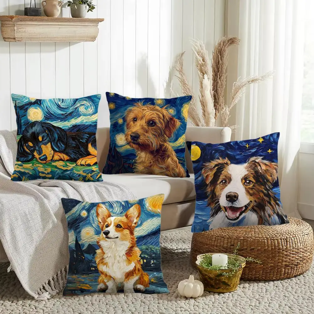 Catoon Starry Sky Dog Cushion Cover Double-Sided Printed Organic Linen Pillow Cover, Decorative for Sofa Home