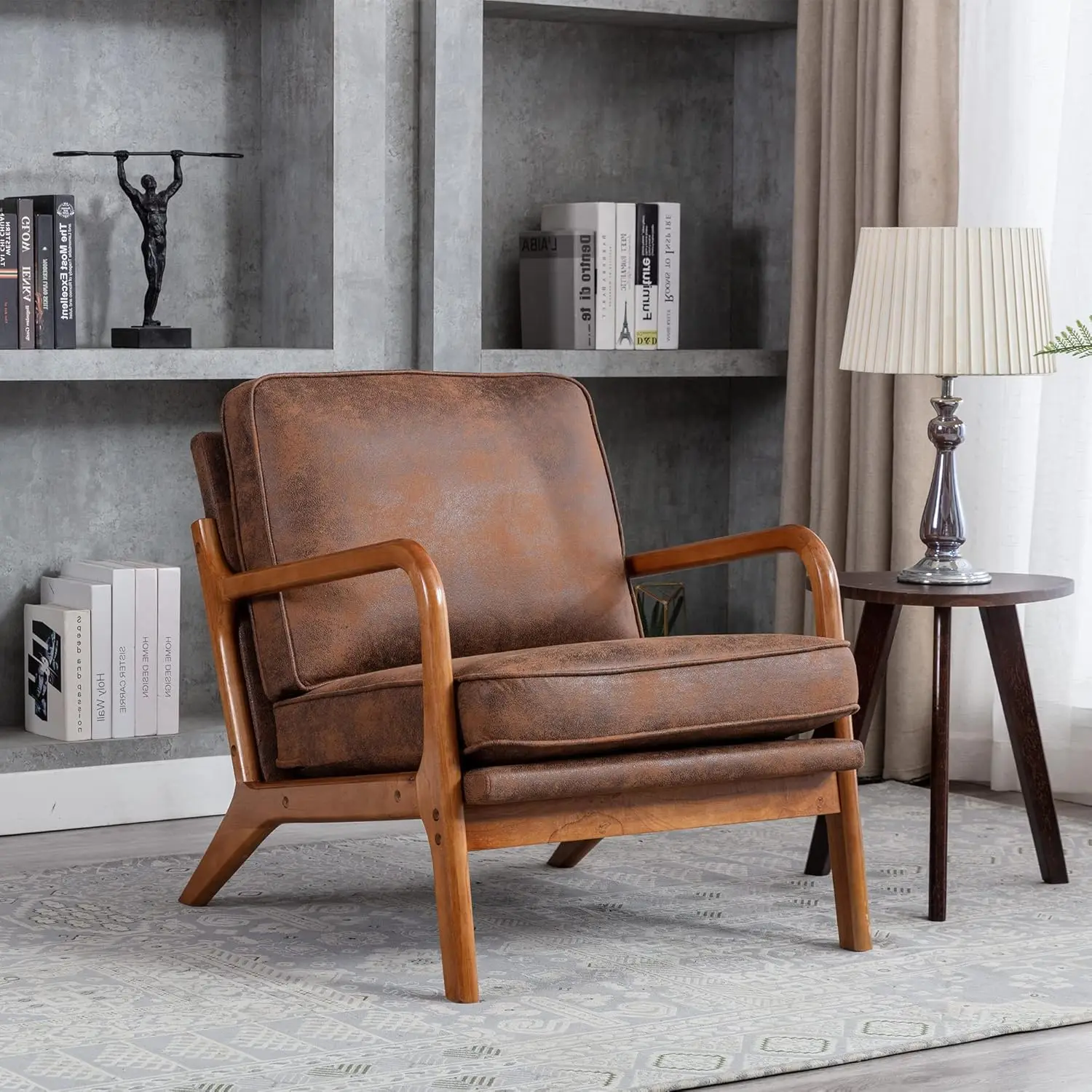 

Lounge Arm Chair, Mid Modern Accent Chair, Wood Frame Armchair For Living Room, Bedroom (Coffee, Microfiber)