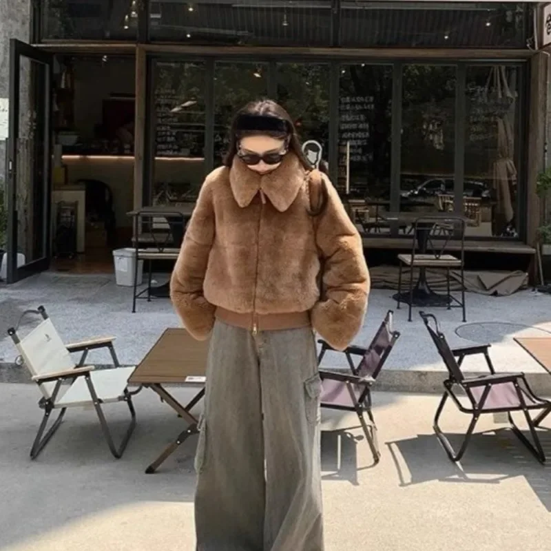 Vintage Lapel Faux Fur Coat Women Eco Friendly Fluffy Outerwear Elegant Versatile Winter Jacket