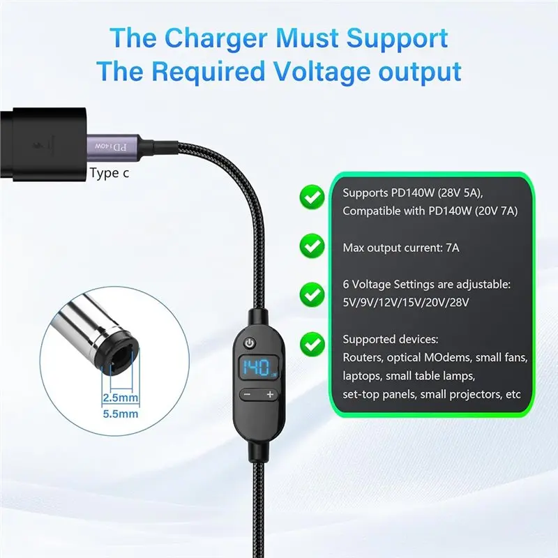 B27B Adjustable Output Voltage(5V/9V/12V/15V/20V/28V), 140W PD To DC Converter Cable And 10 Adapter Heads
