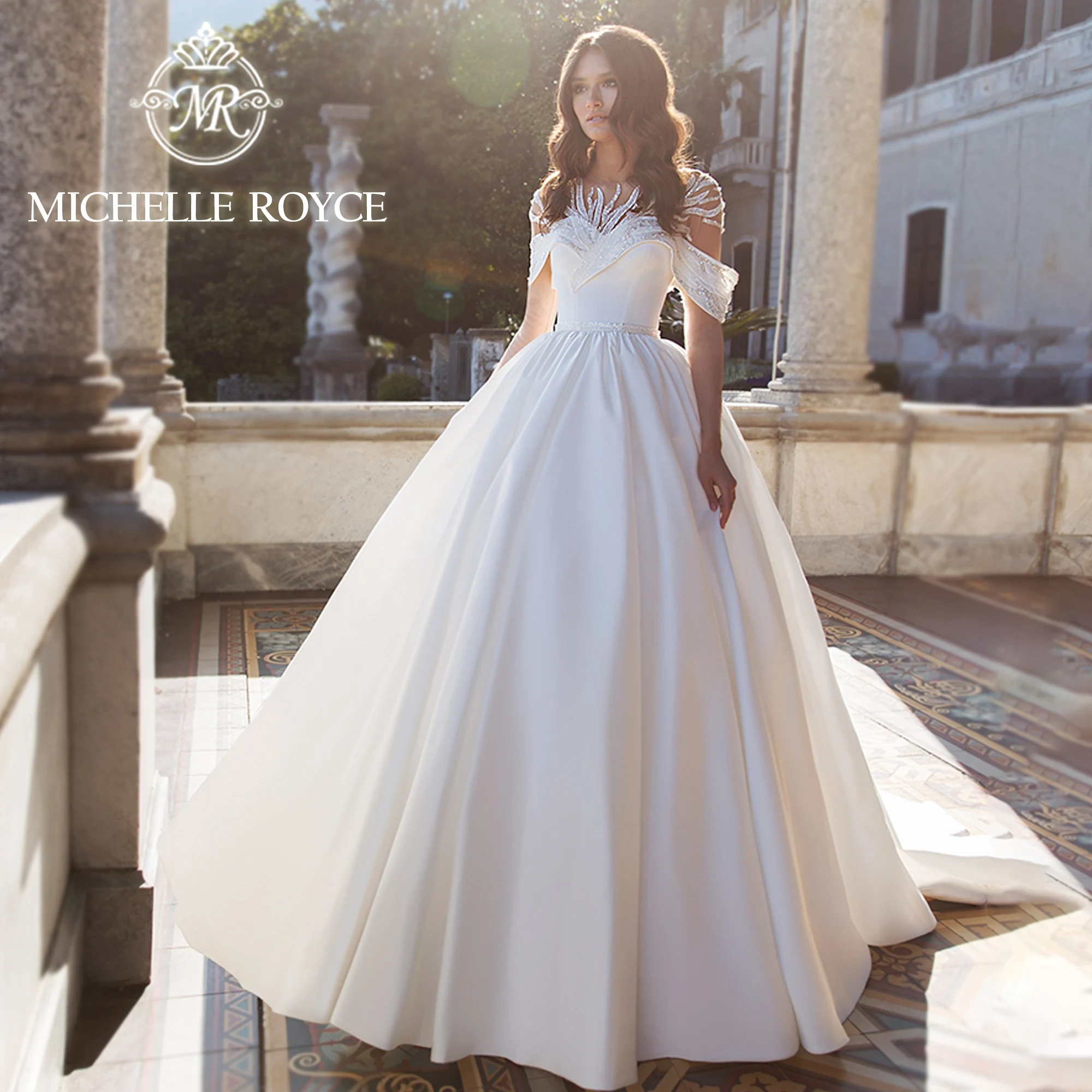 

Michelle Royce Ball Gown Wedding Dress Elegant SCOOP Cap Sleeve Crystal Modern Extravagant Wedding Gown Vestidos Novias De Saten