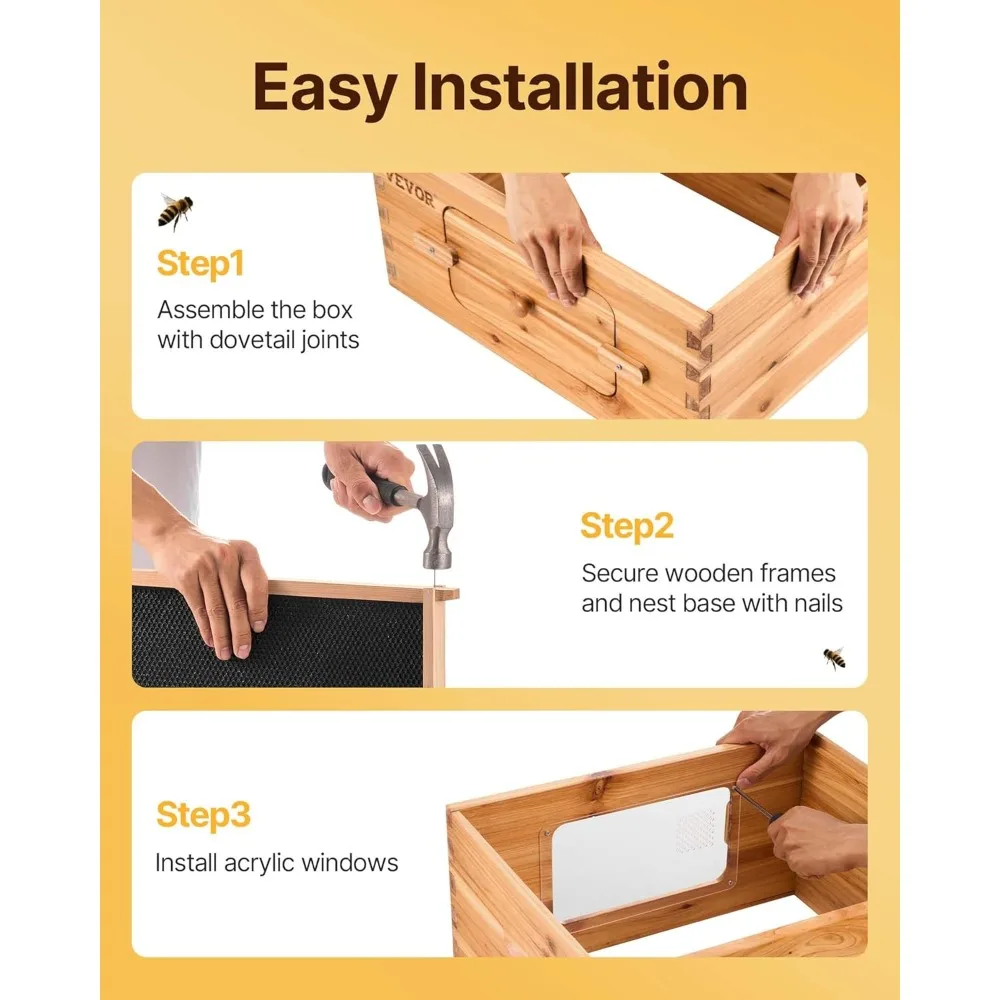 VEVOR Bee Hive 10 Frame Bee Hives Starter Kit، خشب التنوب المطلي بشمع العسل، 2 عميق + 1 صندوق نحل متوسط طقم خلية النحل Langstroth، Tran