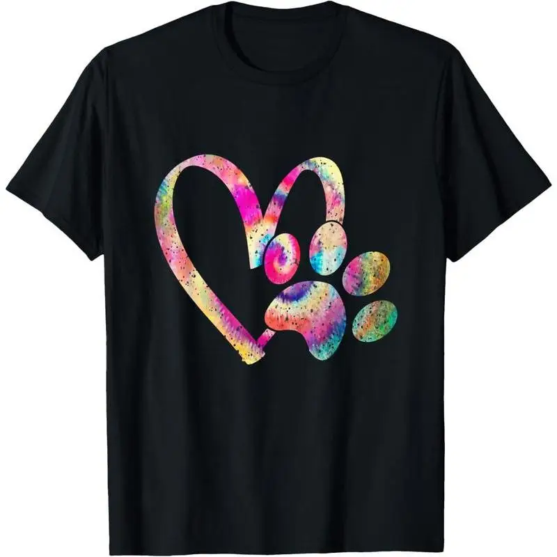 

Colorful Paw Heart Shirt 2025 Dog Lover Rainbow Ink Graphic Tee Gift for Pet Owner Animal Rescue Mom Casual T-Shirt for Women
