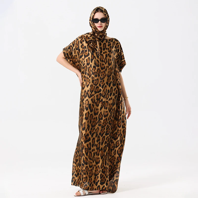 Luxury Summer Muslim Leopard Abayas Women Short SLeeves Imitated Silk Satin Dress Loose Femme Robe Islam Dresses With Hijabs