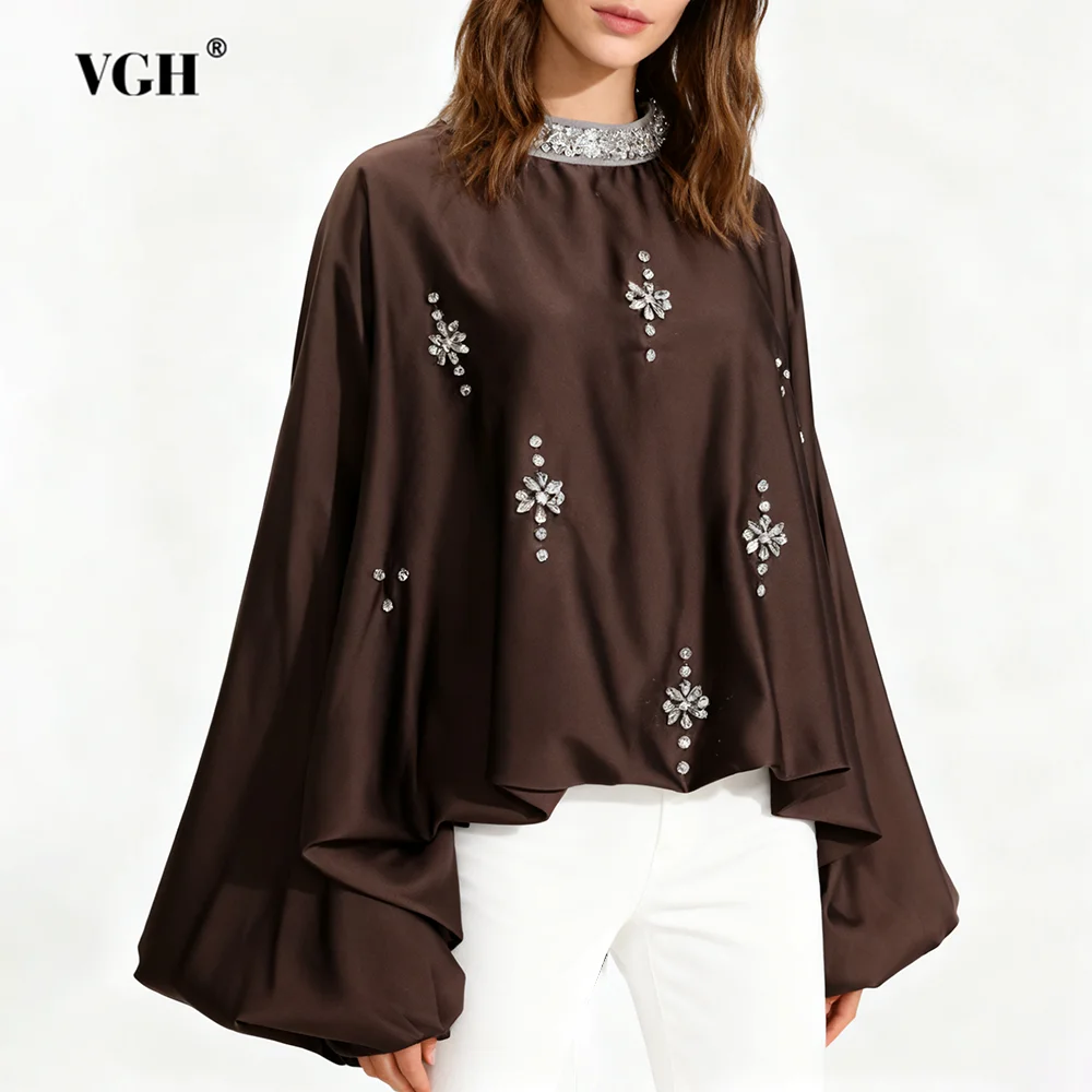 

VGH Elegant Retro Loose Blouses for Women Stand Collar Batwing Sleeve Patchwork Diamonds Chic Blouse Female Autumn Clothing New