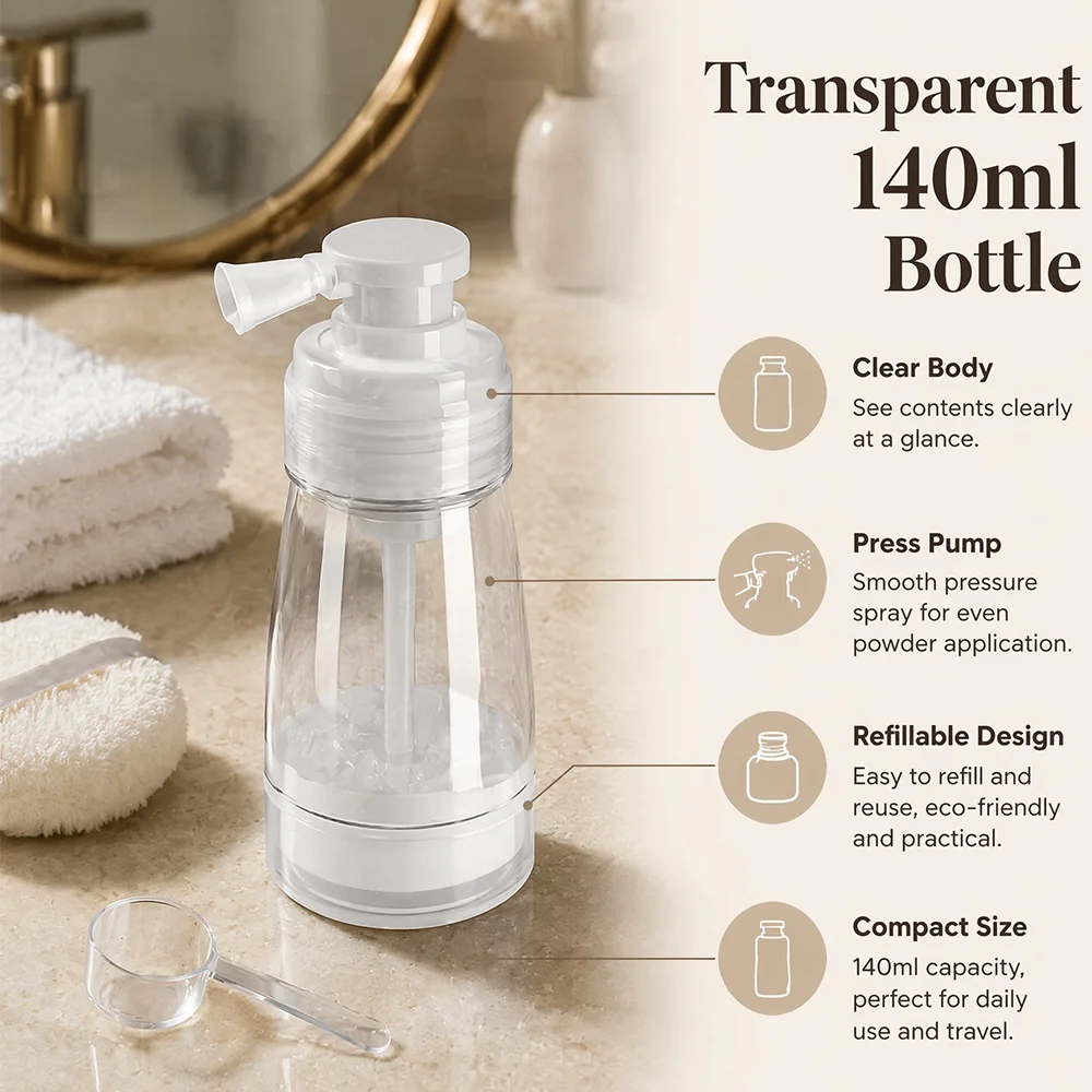 140ml Press-Type Dry Powder Spray Bottle, Transparent Portable Loose Powder Dispenser, Nail Glitter Spray Bottle, Baby Powder Spray Canister, Household Fine Mist Powder Sprayer - view 3