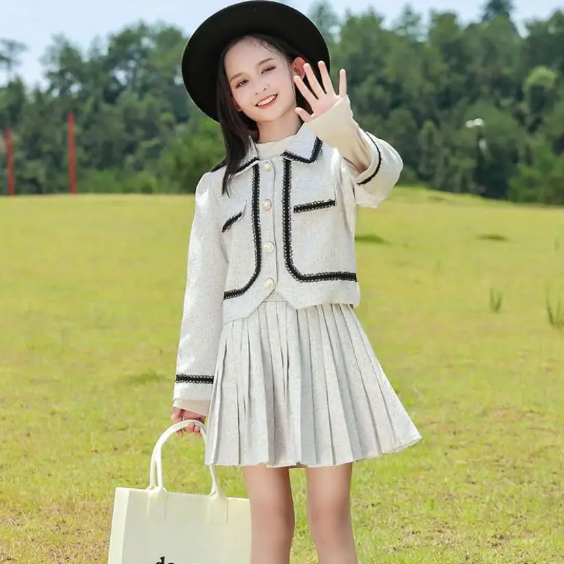 

Girl Fashion Tweed 2pcs Sets Spring Autumn New Elegant Coat + Pleated Skirt Suits Teenage Long Sleeve Clothes Kids Sets Wz874