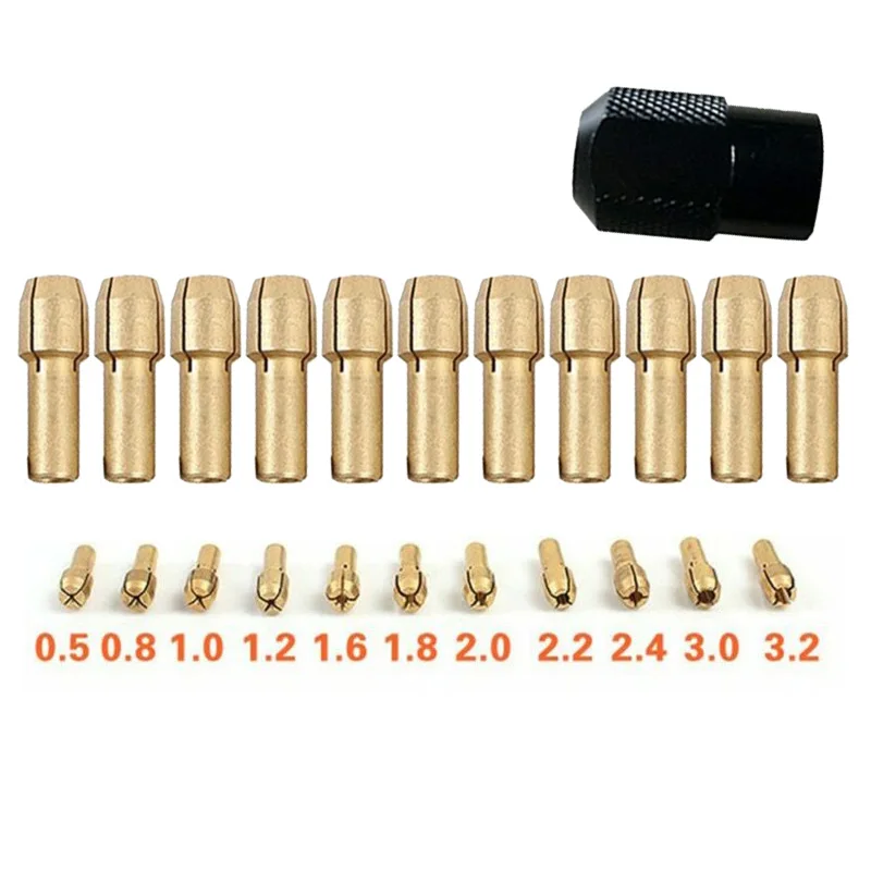12pcs Brass Collet Chuck 0.5/ 0.8/1.0/1+ 2 / 1.6.2mm + M8 * 0.75 Rotary Tools Brass Collet Chuck Rotary Tools