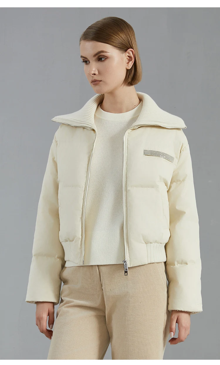 BC835 Weiße Gänsedaunenjacke mit großem Revers, warm, mit Reißverschluss, langärmelig, 100% Kaschmir, warmer Mantel – Detail 11