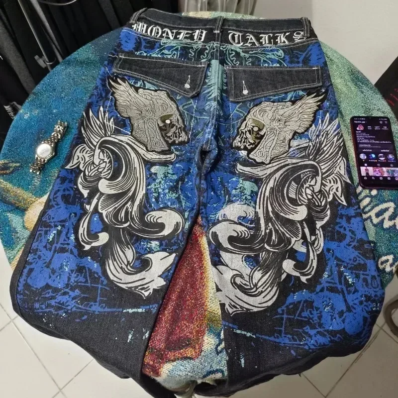 Calça jeans masculina estampada de grandes dimensões y2k harajuku retro solta goth cintura alta casual calças largas rua rock moda novas calças