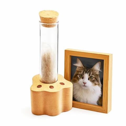 Wooden Base Cat Hair Holder Paw Shape Transparent Pet Memorial Gift Durable Compact Size Cat Hair Jar Pet Lovers