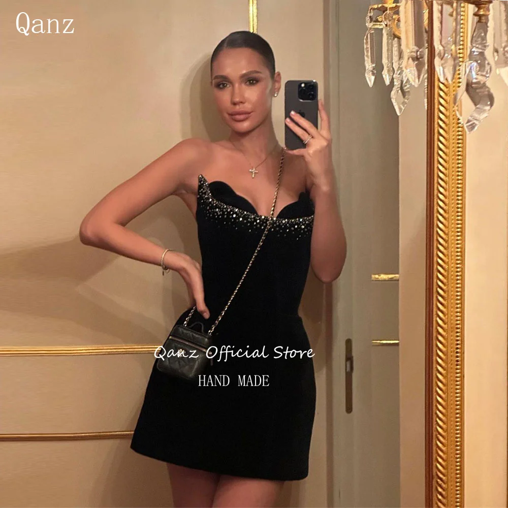 Qanz 여성용 블랙 벨벳 무도회 드레스, 크리스탈 빈티지 스트랩리스 인어 짧은 파티 드레스, 럭셔리 이브닝 드레스, 맞춤형