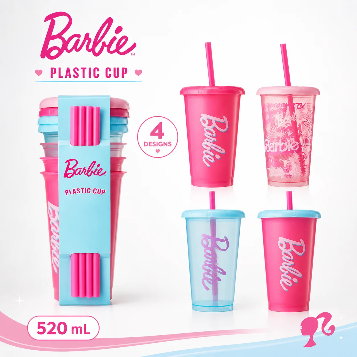 MINISO Barbie Sunshine Glow Series 520ml Plastic Straw Cup Set 4PCS Reusable Tumbler Cute Drinkware Summer Water Bottle Gift view 6