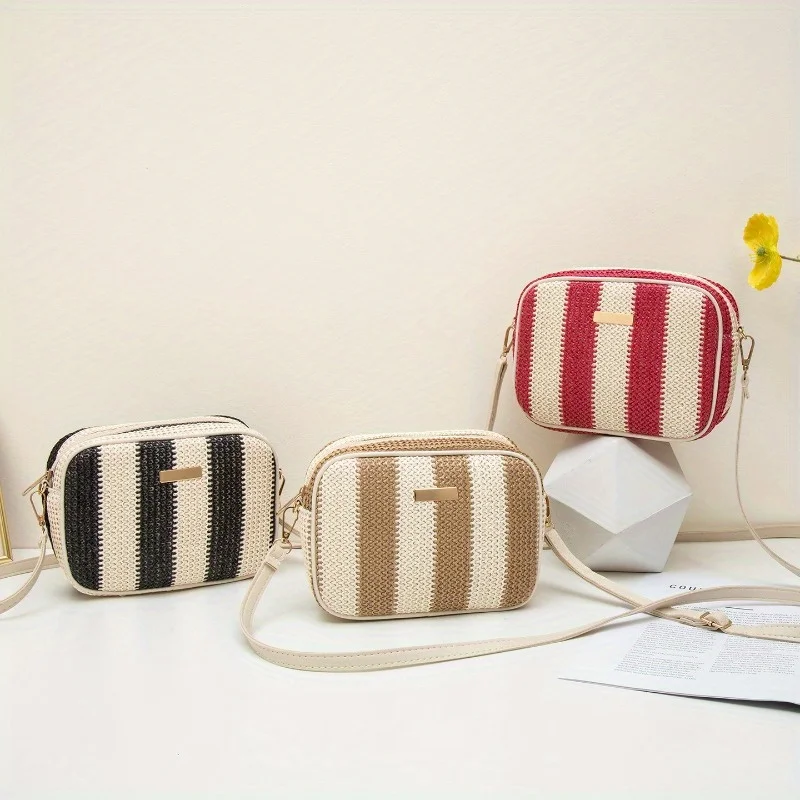 

Niche woven striped shoulder bag fashionable simple messenger women's bag retro pattern versatile commuter fashion woven bag