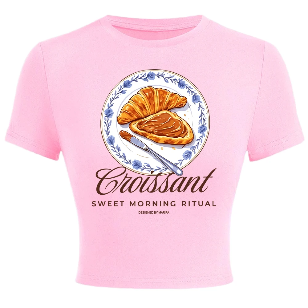 Croissant Sweet Morning Ritual Printing Womens Crop Tops Summer Soft High Elastic Tees Y2K Slim T Shirts Casual O-Neck Clothes