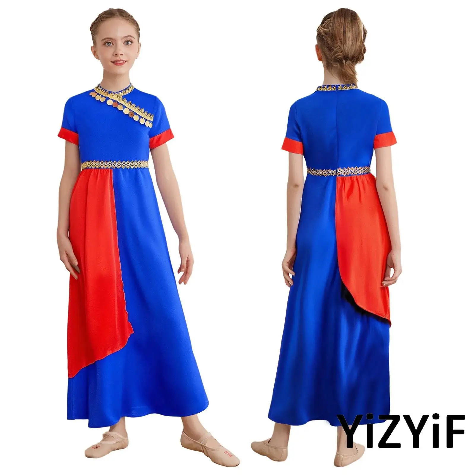 

Girls Luxe Diwali Saree Dress Gold Foil Circles Color Block Lehenga Festival Fancy Costume Folk Lyrical Dance Performance Dress