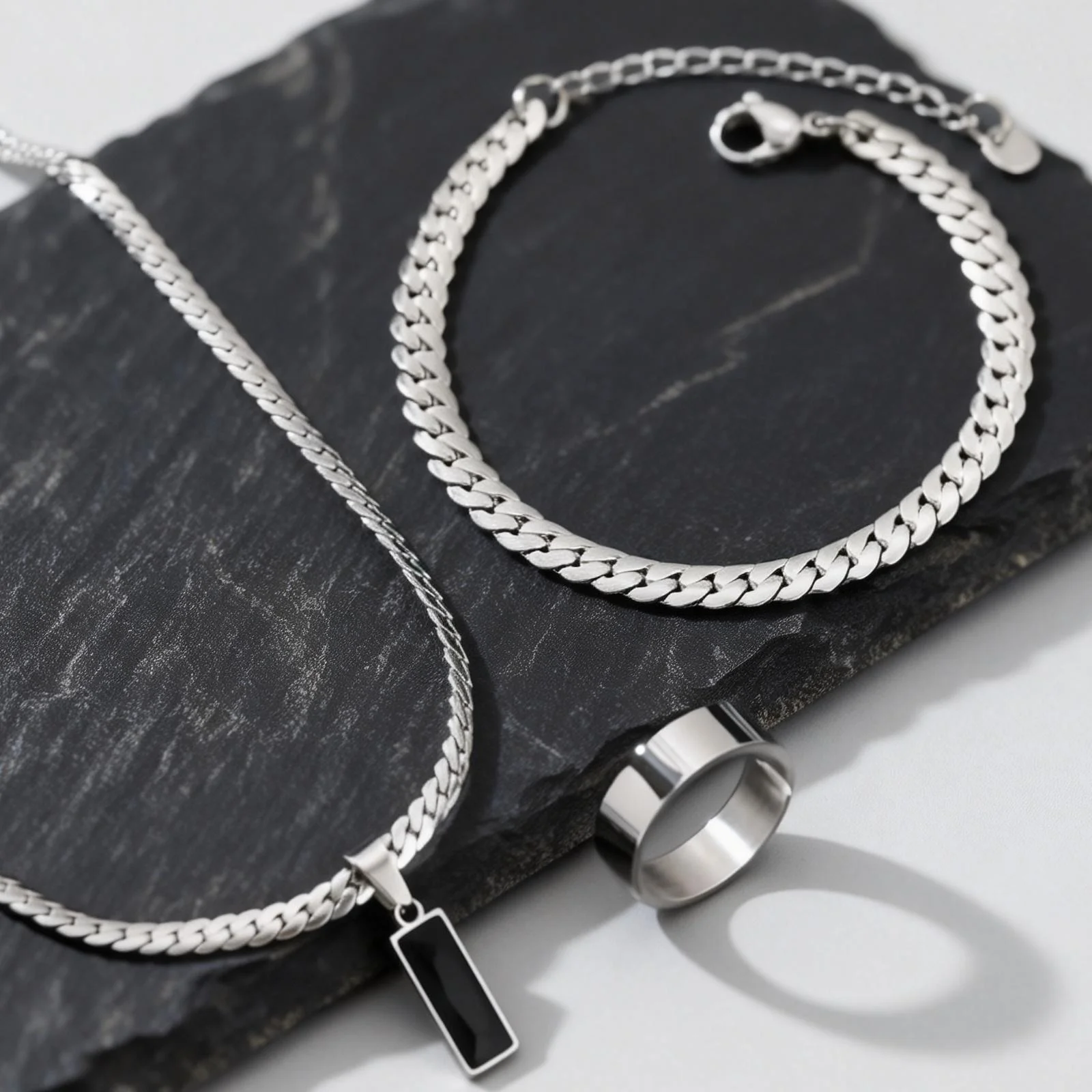 Stylish 3pcs Men's Flat Cuban Chain Jewelry Set,Stainless Steel Geometric Stone Pendent,Hip Hop Jewelry Gifts for Dad Son Him