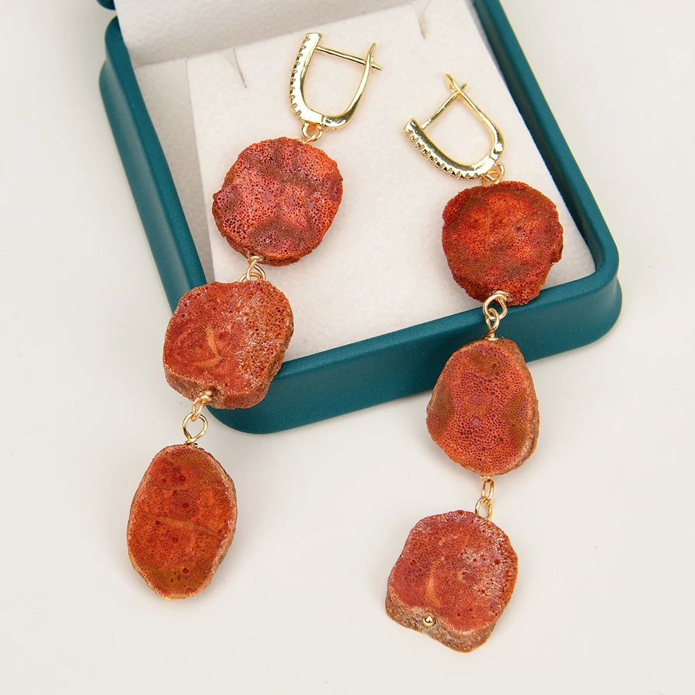 G-G Natural Red Coral Slice Chunky Nugget Freeform Dangle Earrings For Lady Boho Jewelry