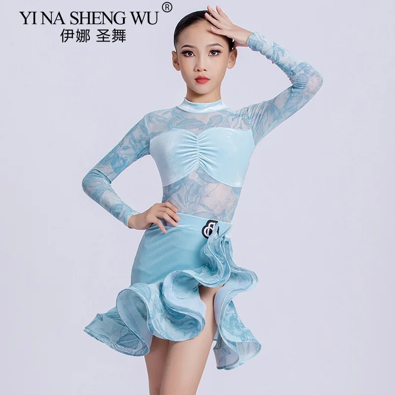 

Одежда для выступлений в латинских танцах национального стандарта для девочек, платье для соревнований с длинными рукавами, детская одежда для танцевальной практики ча-румбы