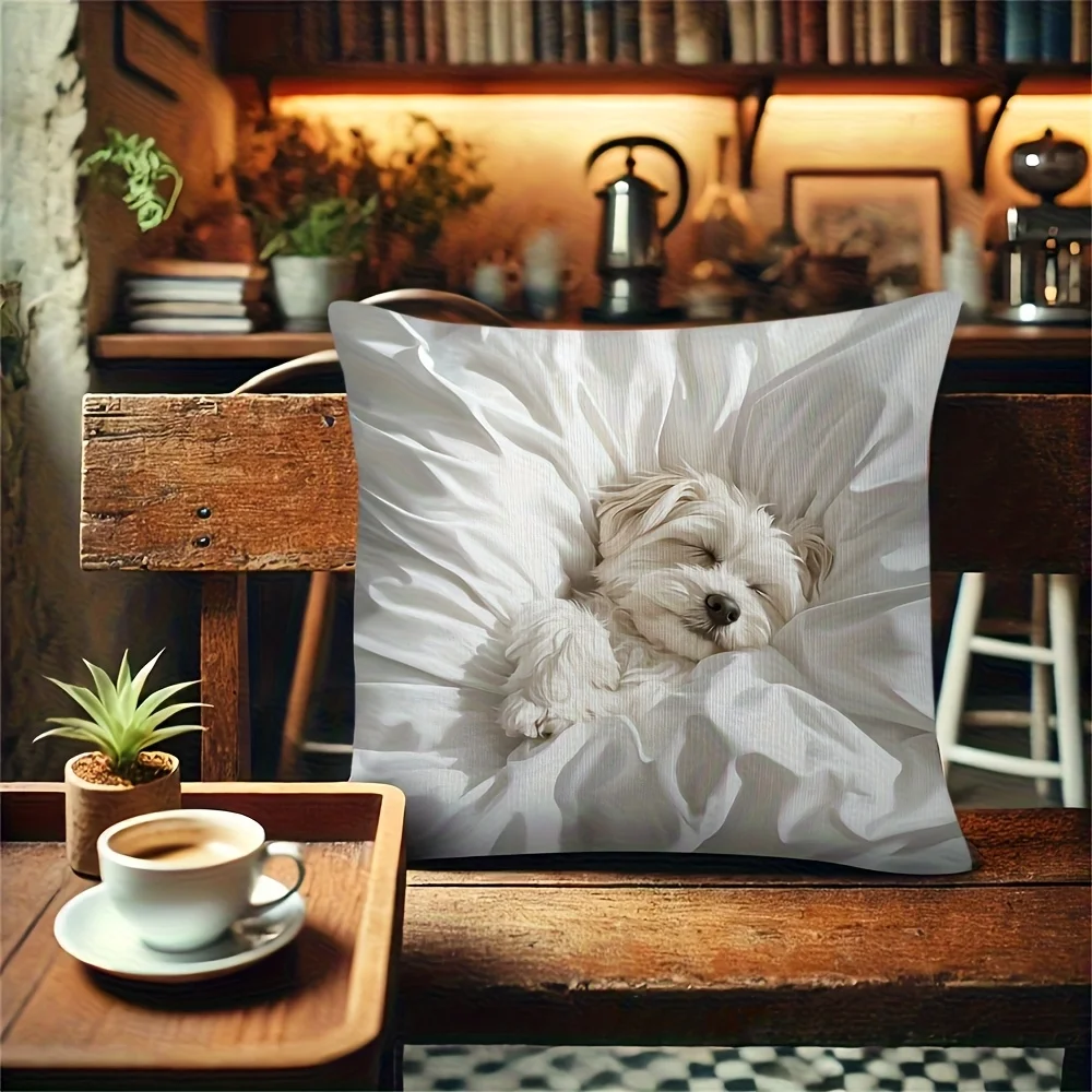 1pc Sleeping Bichon Frise Printed Throw Pillow Cover, Suitable for Sofa,Bedroom,Living Room, a Heartwarming Gift for Dog Lovers.