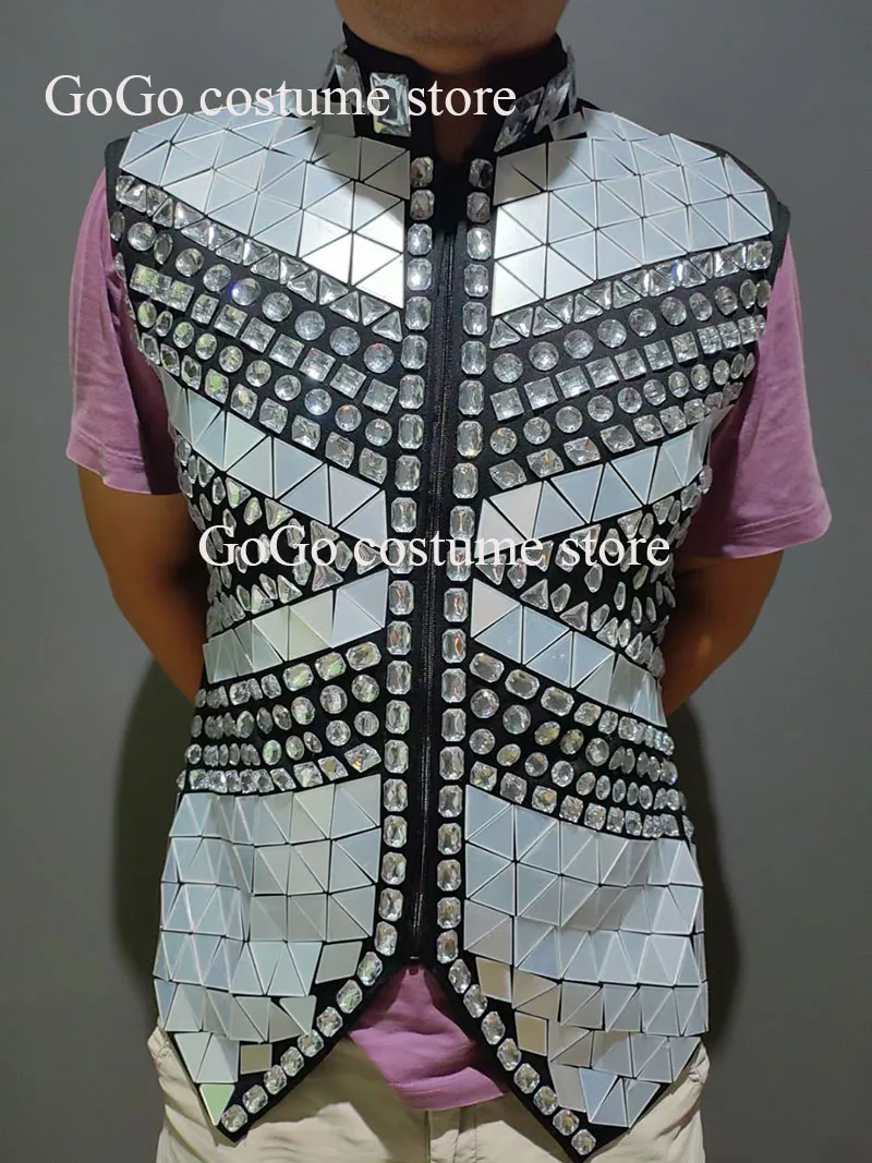 Male Singer Bar Nightclub Stage Crystal Sequins Vest Performance Clothes Drum Dance Coat Sparkly Rhinestones Mirror Waistcoat