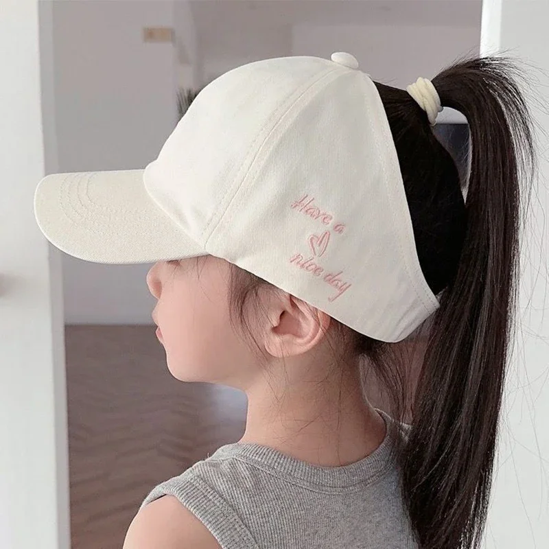 Embroidery Heart Kids Empty Top Hats Korean Girl Summer Sunshade Ponytail Baseball Caps Solid Color Outdoor Children Sun Hats