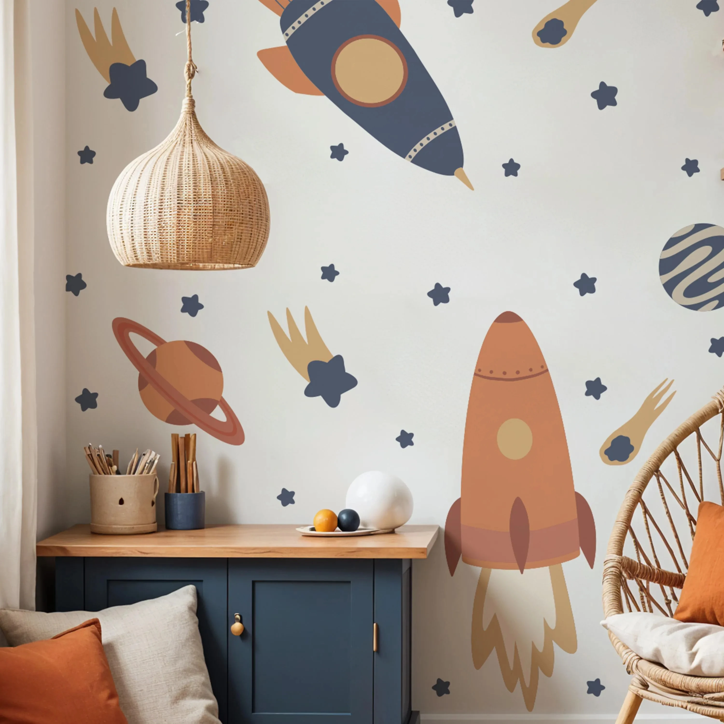 Cartoon Space Rocket Planet Wall Stickers Bedroom Playroom Galaxy Stars Wall Decals Living Room Home Decor