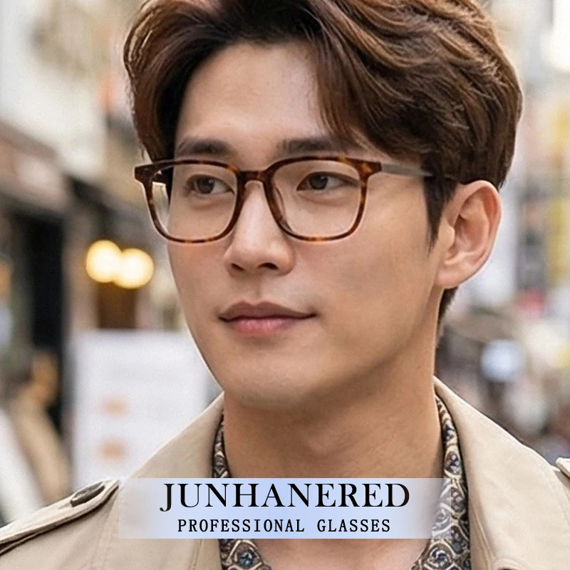 Japanese & Korean Style Man Custom Optical Eyeglass Titanium Acetate Retro Leopard Frame Photochromic Anti Blue Light Glasses