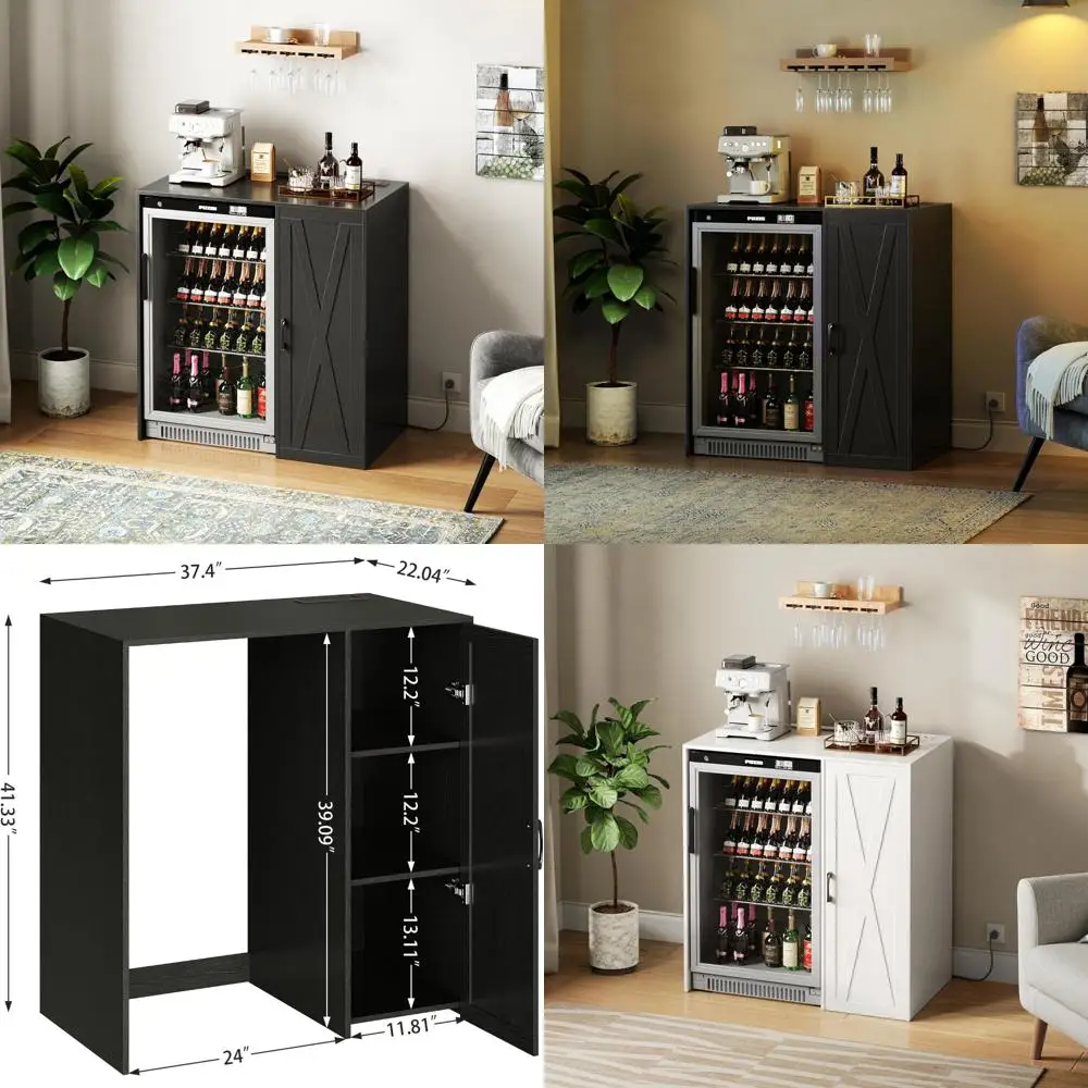 خزانة ثلاجة النبيذ المدمجة مع مساحة تخزين، وخزانة بار القهوة، ومخرج طاقة، وتناسب 24 زجاجة، ومنظم من 3 طبقات، وستان ثلاجة #1