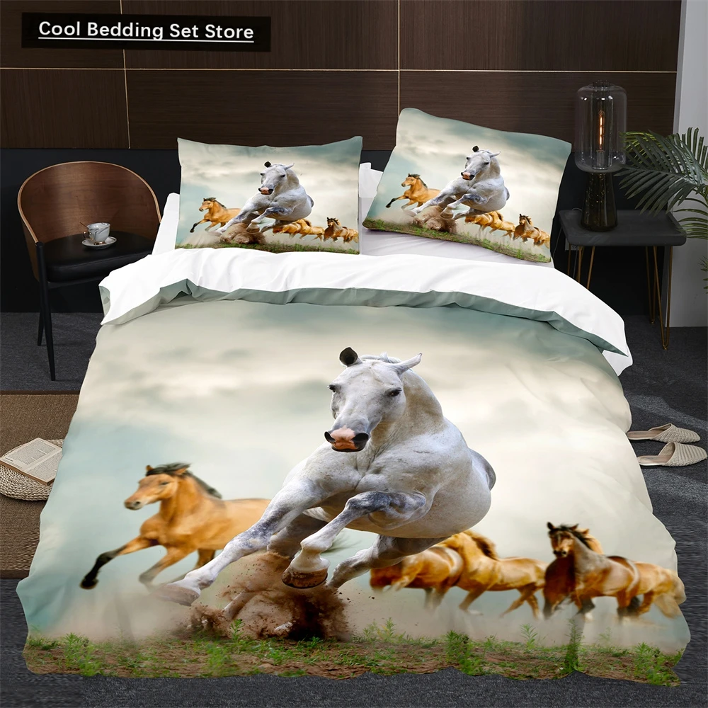 

3D Horse Duvet Cover King Queen Size White Running Horses Pattern Bedding Set for Kids Teens Adults Wild Animal Soft Quilt Cover