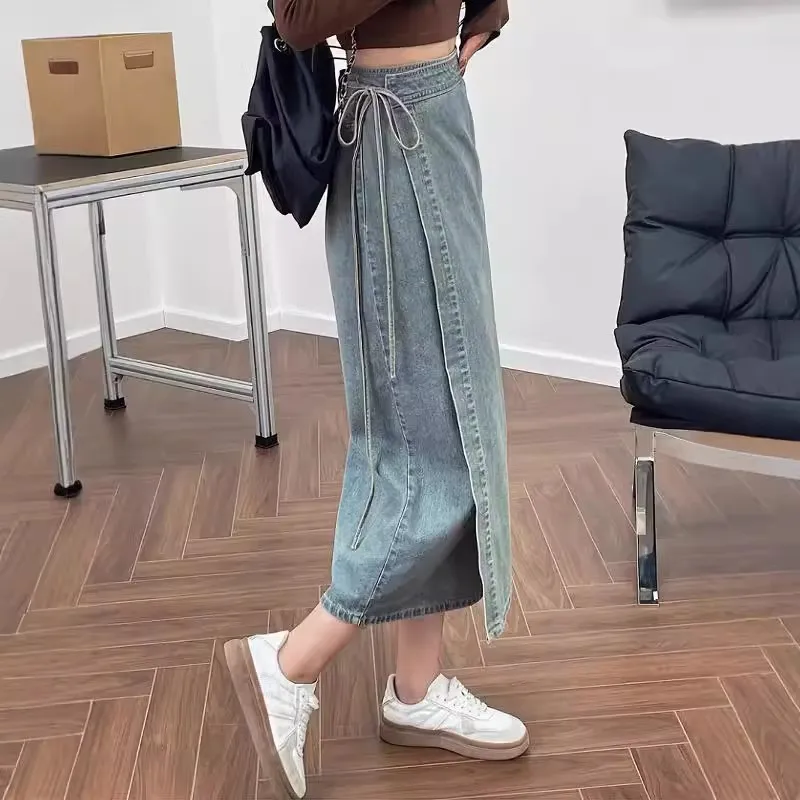 Elegant High Waist Washed Blue Side Tied Midi Denim Skirt for Women Vintage Style Split Mid-Length Commute Polyester Fiber