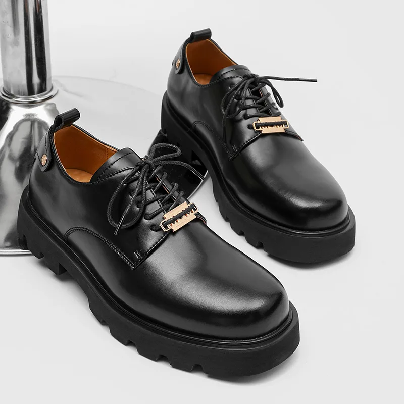 

2025 Men's Derby Shoes Business Casual Men Dress Shoes Thick Bottom Large Head Trendy Shoes Heightening Platform Leather Shoes
