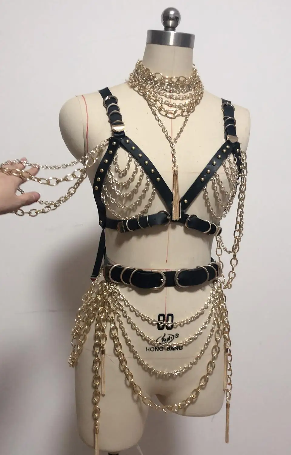 Sexy correntes de ouro traje roupa desempenho palco feminino boate mostrar sutiã correntes curto