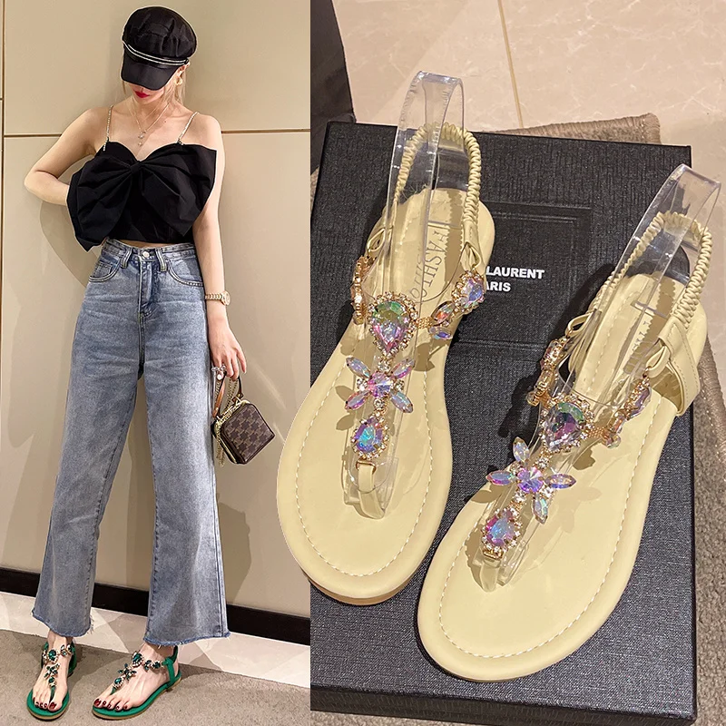 Feminine Elastic Band Sandals Flip Flops Flats Rhinestone Shoes Summer Open Toe Plus Size 42 Sandals for Women Low Heels Shoes