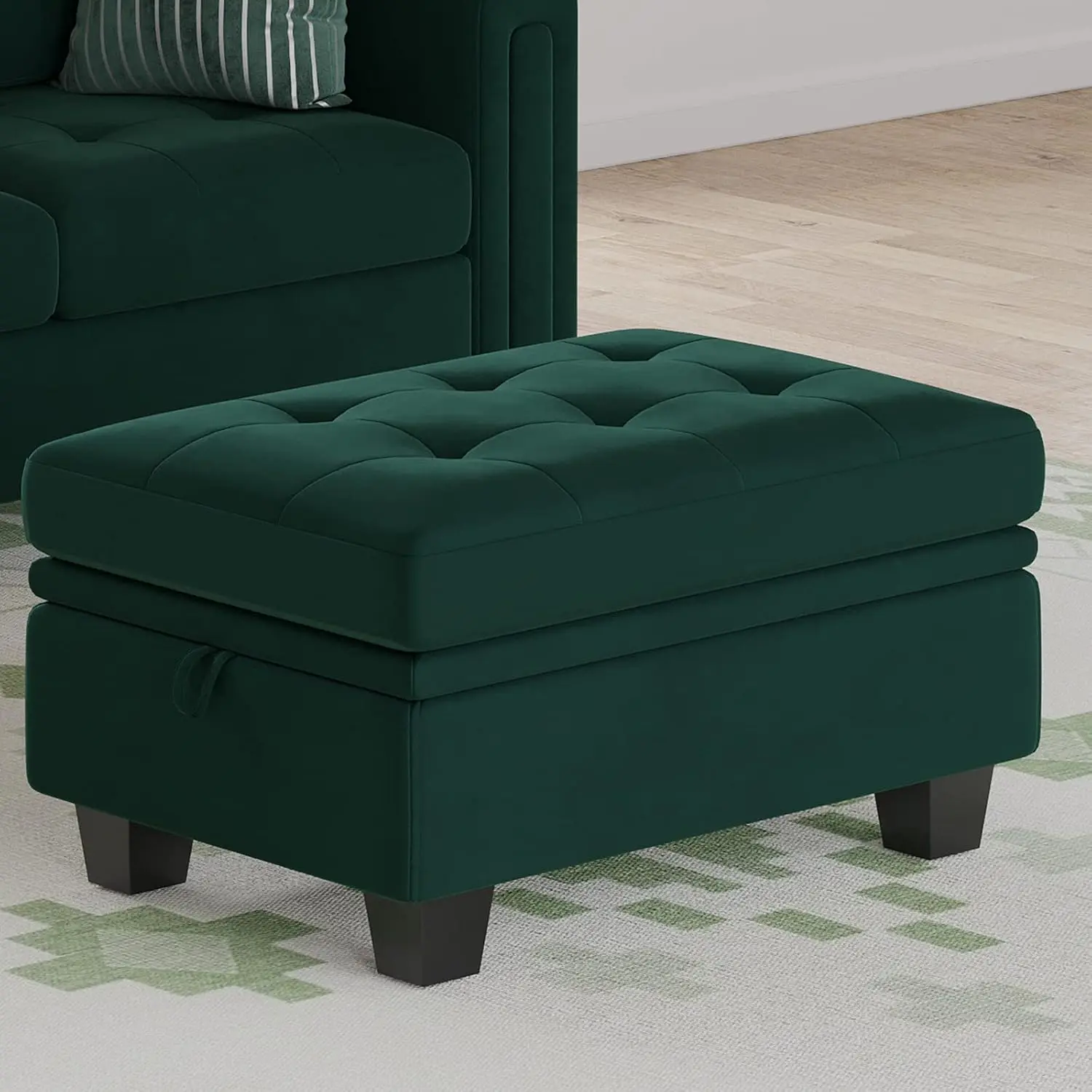 Rectangular Ottoman with Storage, Tufted Velvet Fabric Bench, Footstool, Green, Customized