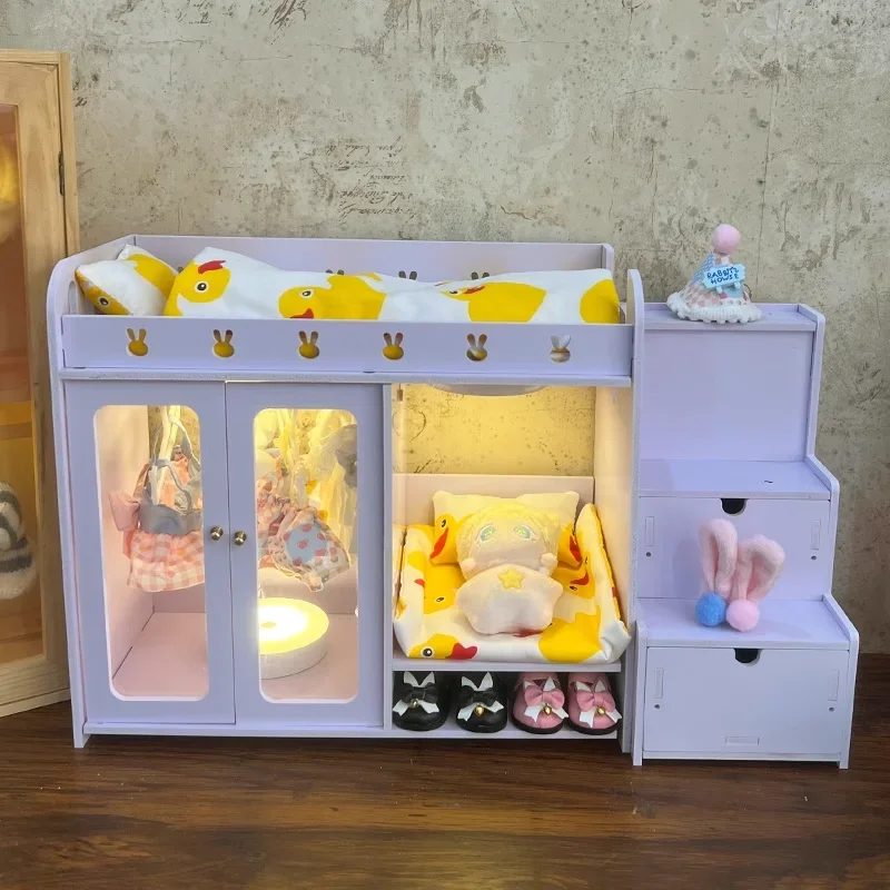 Mini Puppe Möbel Schlafzimmer Kinder spielen Haus Doppelbett Holz Stoff Bett ob11 bjd Puppe