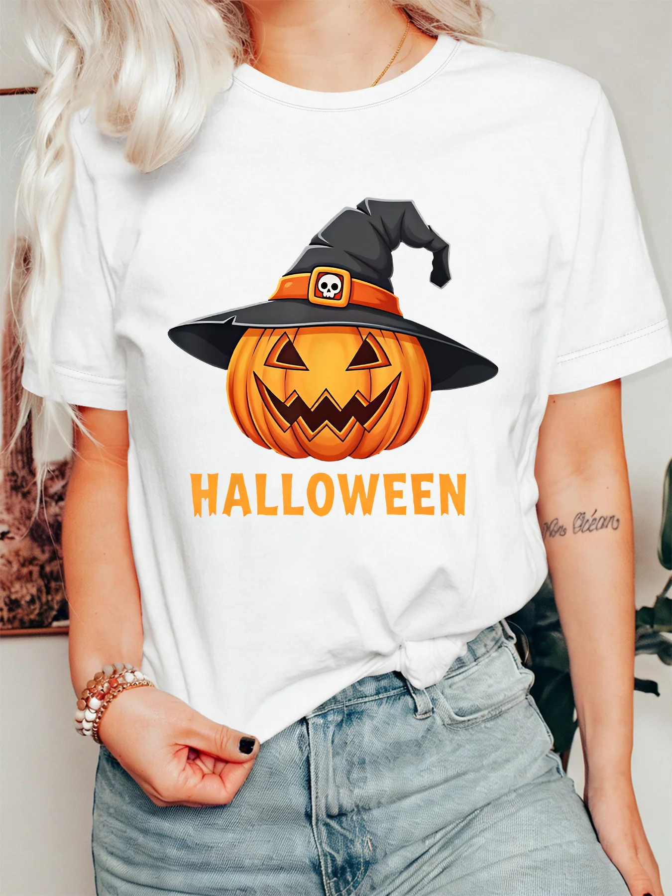 Pumpkin Witch Hat Womens T Shirt Halloween Letter Print Skull Buckle Decor Cartoon Graphic Short Sleeve O Neck Casual Party Tops