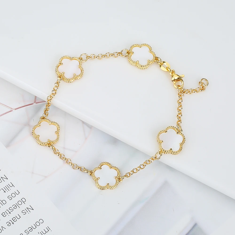 Temperament Hot Selling Plant Five Leaf Flower Plum Blossom Double Sided Bracelet Natural Stone Luxury Gift for Women Clover