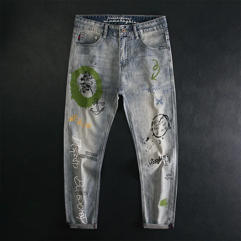 

Trendy Brand Painted Graffiti Printed Jeans, Men's Personality, Trendy, Slim Fit, Elastic, Street Rascal, Handsome Pants