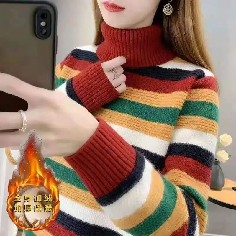 

Autumn Winter New High Neck Striped Women's Color Block Plus Size Thick Collar Knitted Sweater