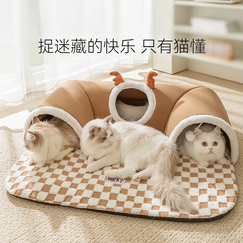 

Winter Cat Cave with Elk Hide and Seek Tunnel Play Sleep Pet Bed for Cats