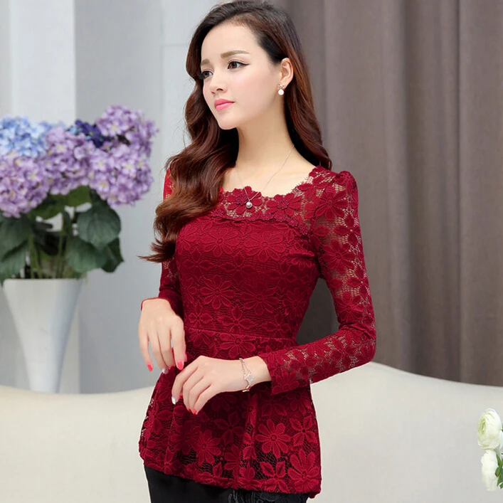 Plus size S-5XL New Women Long-sleeved Lace Shirt Slim High Waist Hollow crochet Flower Lace Blouse