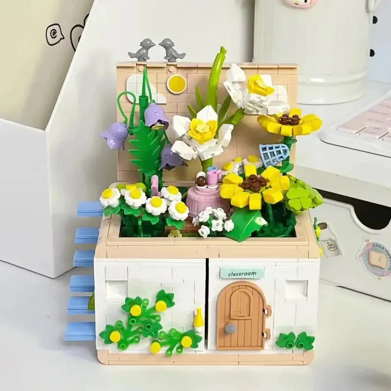 Criativo rua jardim sala de aula blocos de construção flores casa villa modelo tijolos crianças brinquedos educativos diy presentes aniversário